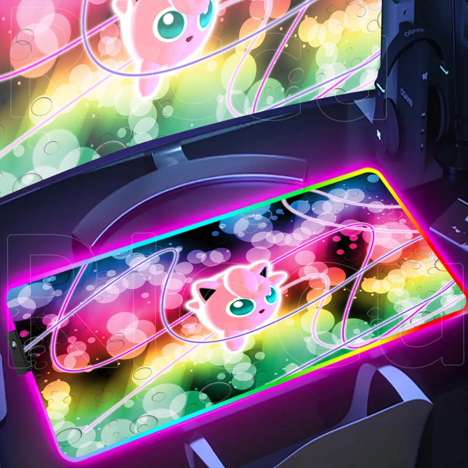 

LED HD Printing Office Rug New Hot Mouse Pad RGB Backlit Rubber P-Pokemon Jigglypuff PC Gaming Accessories Locking Edge Desk Mat