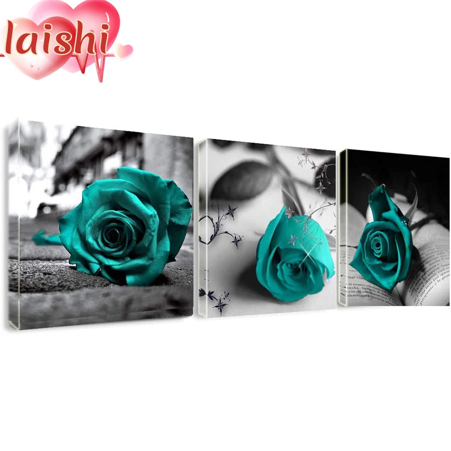 3pcs DIY Cyan Rose, Book Street Diamond Painting Cross Stitch Kits Embroidery Full Mosaic Rhinestone Craft Lovers for Home Decor