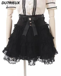 Japanese Mine Mass-Produced Girly Sweet Cute Puffy Lace Skirt Women Lolita Kawaii Bow Lotus Leaf Short Skirts New Summer Faldas