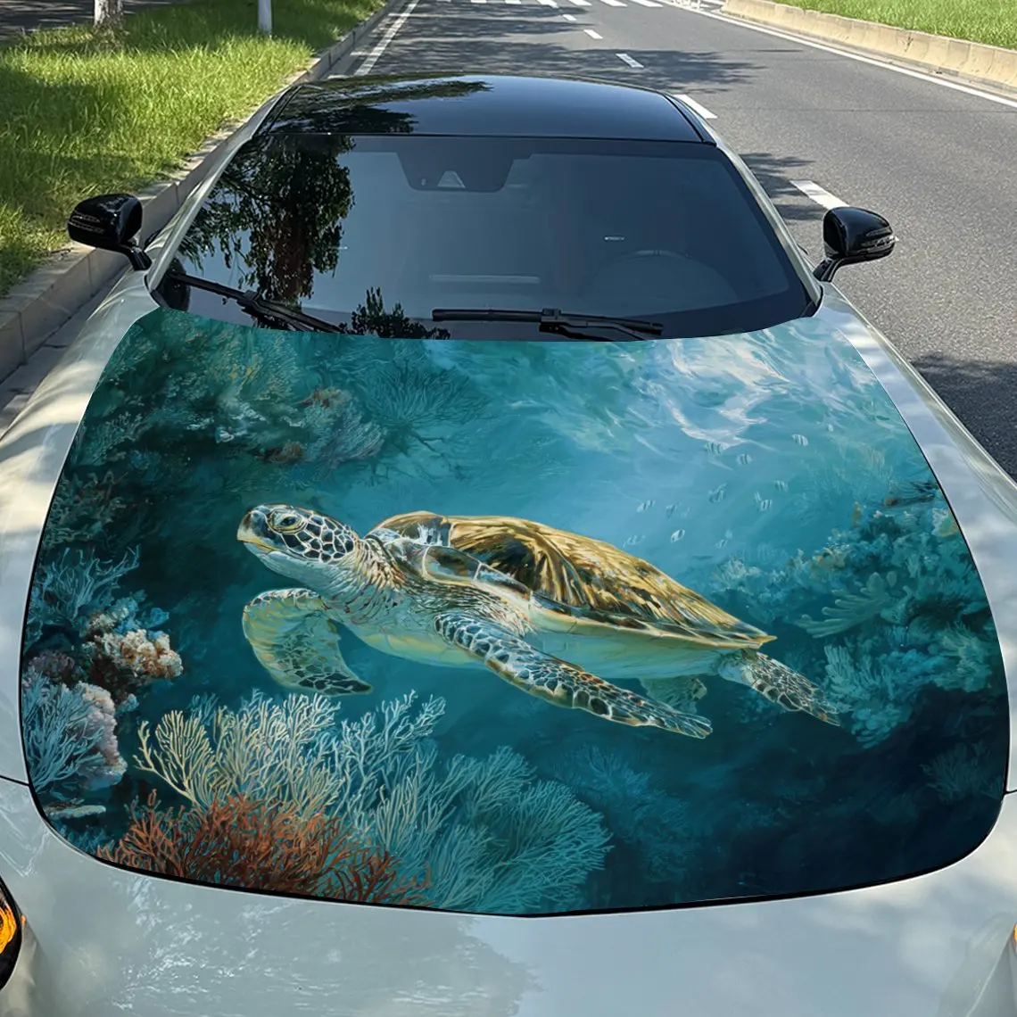 Car Decals Sea Turtle Swimming Among Coral Reefs Car Hood Sticker, Waterproof Self - Adhesive Vinyl Graphics Decals, Decorative