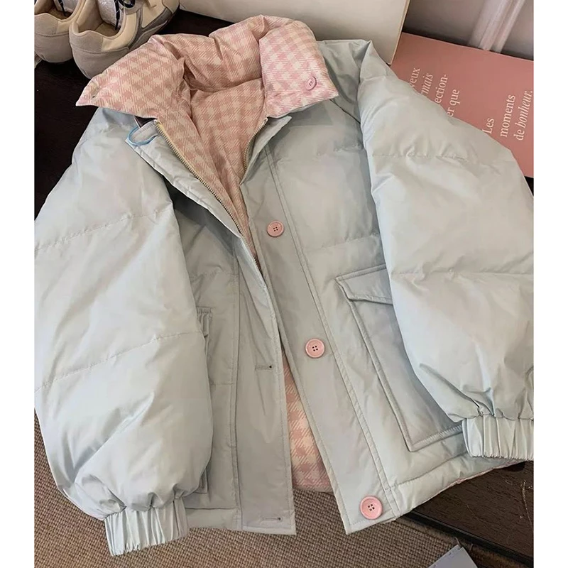 Chic Reversible Women Padded Jacket Contrast Plaid Coat Button Down Quilted Pink Buttons Winter Warm Preppy Retro Parkas