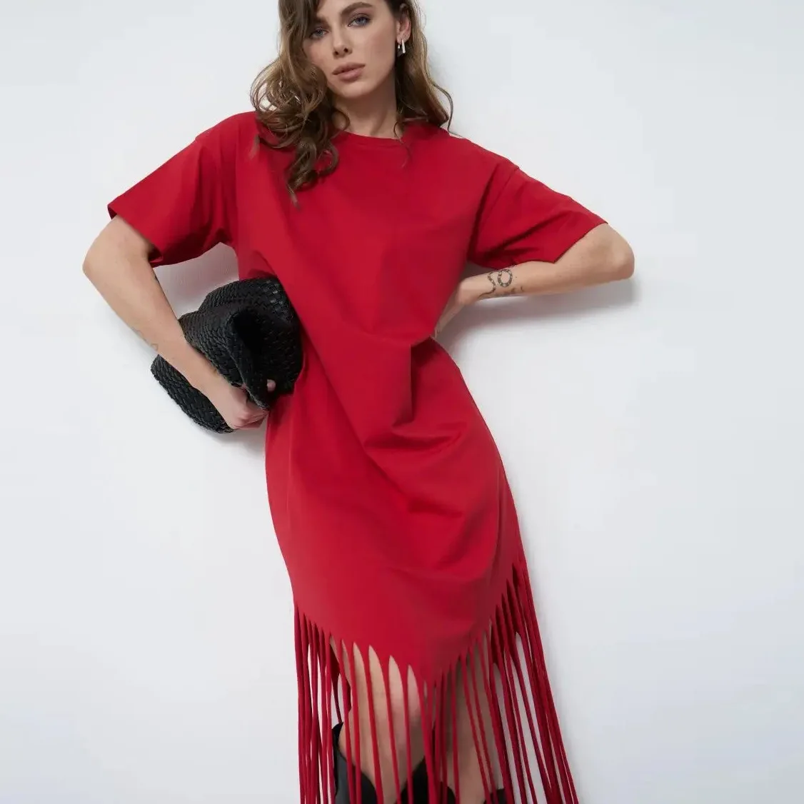 タッセルドレス レディース ルーズTシャツ ロングスカート ワンピース パーティードレス 女性用 新作ワンピース Y2Kファッション フリンジ付きドレス