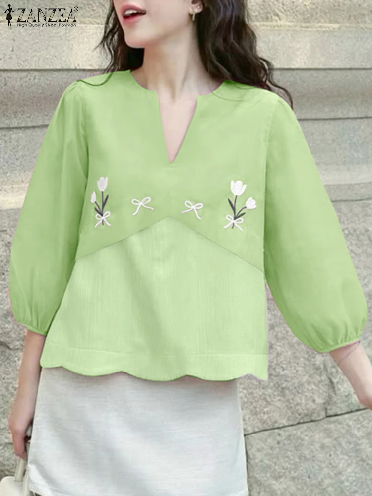 

Women Blouses Fashion Printed Tops 3/4 Lantern Sleeve Tunic 2025 ZANZEA Elegant V-Neck Office Blusas Vintage Spring Pullovers