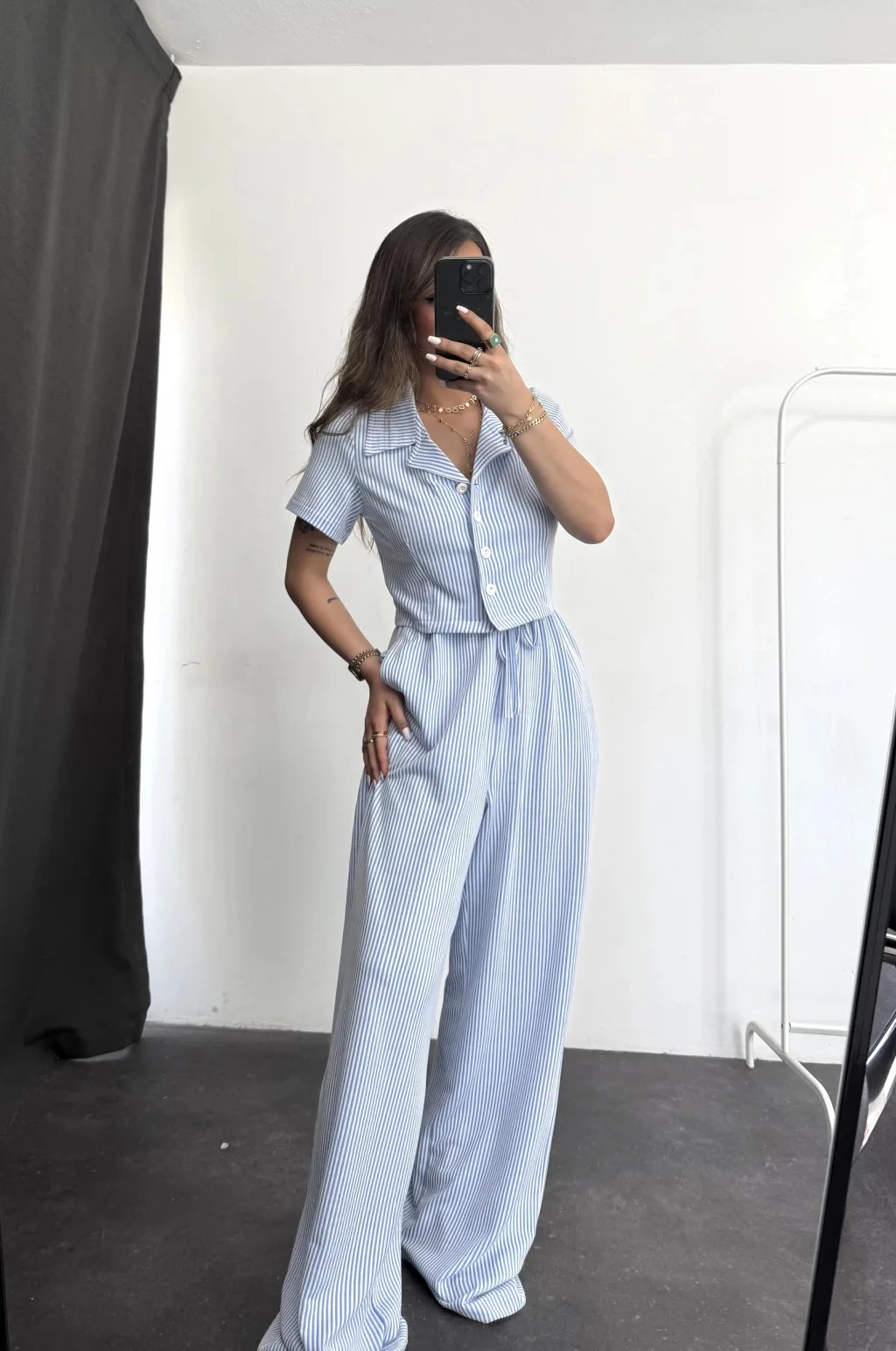 

Solid Knit Stripe Casual Outfit Spring Women Short Single Breasted Top+High Waist Drawstring Wide Leg Pants Summer Two Piece Set