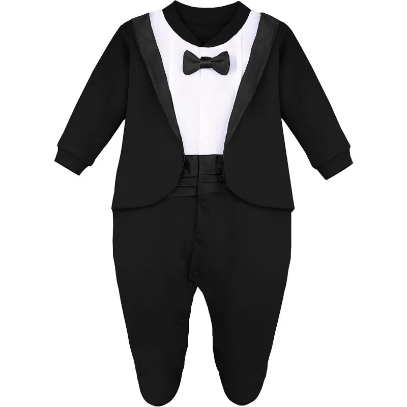Baby Tuxedo Newborn Costume, Cotton Footed Romper with Bow Tie, Gentleman Style Outfit for 100 Days Baby Photoshoot