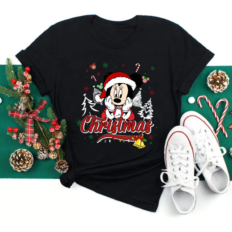 Merry Christmas Black Disney Print T-shirts Women Kawaii Y2K 90S Santa Claus Sweetshirts Female Tops Tee Harajuku Clothing