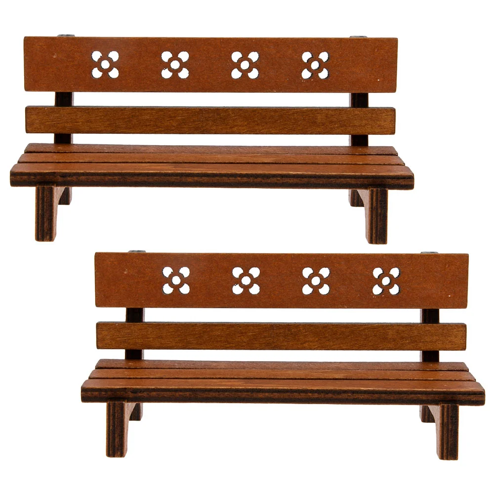 2 Pcs House Bench Model Mini Supplies Wooden Furniture Adorn Stool Garden Chair Park Small Benches