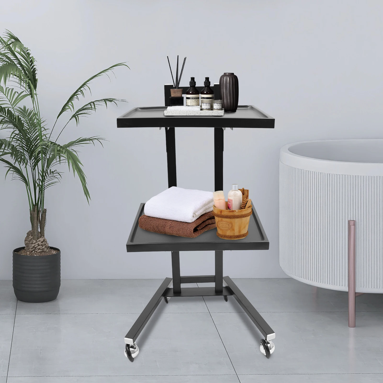 [عيد الميلاد] عربة دوارة معدنية من طبقتين صينية صالون قابلة للطي مع عجلات صينية دوارة عربة صالون عربات المرافق السوداء من الفولاذ المقاوم للصدأ