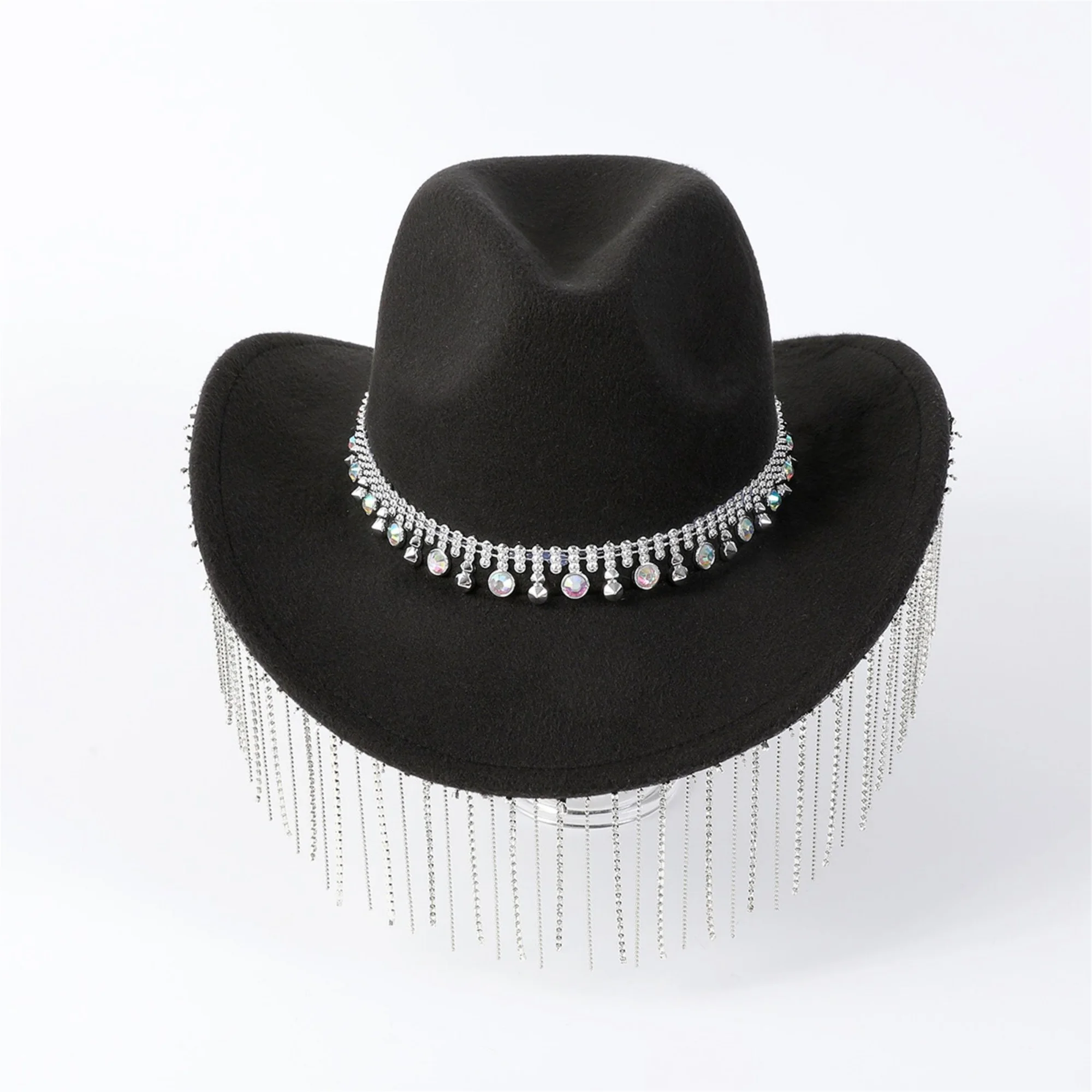 Stylish Women s Wide Brim Cowgirl Hat with Rhinestone Embellishments and Tassel Detail Elegant Wool Hat for Parties and Jazz