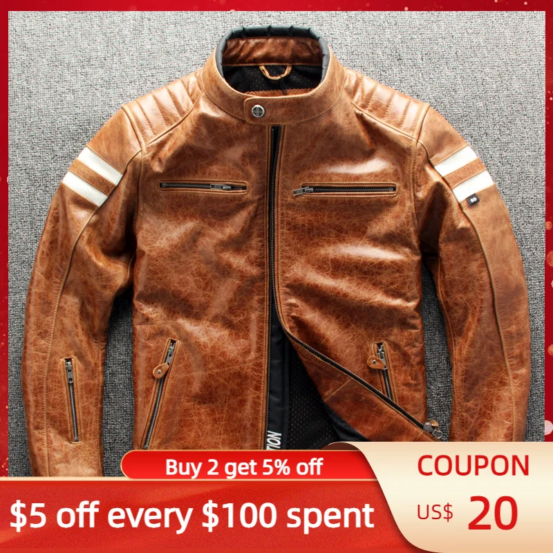 

2024 Brown Men Motorcycle Style Leather Jacket Large Size XXXL Genuine Natural Cowhide Spring Slim Fit Biker's Coat