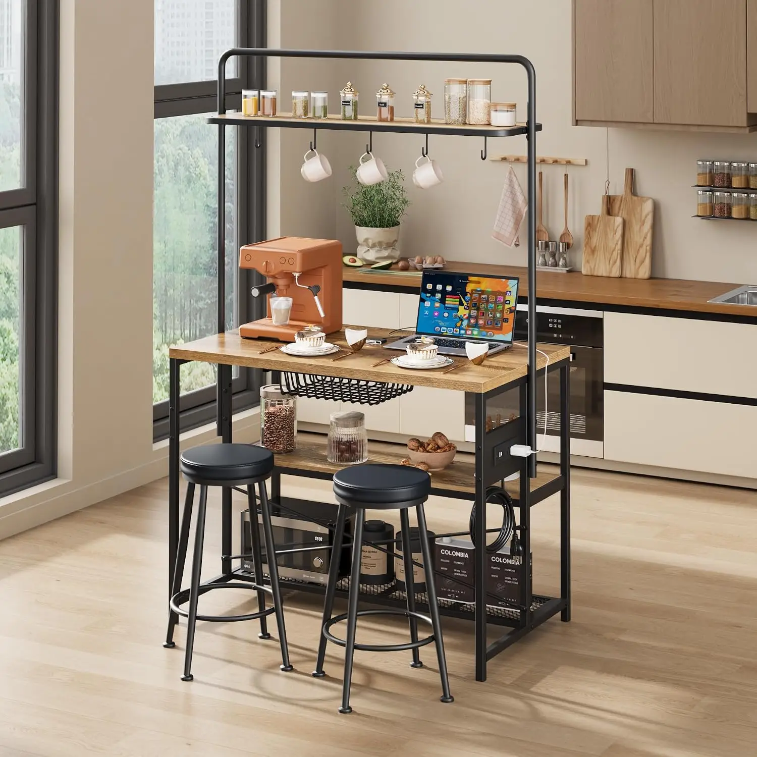 Small Kitchen Island 3 Tier Power Outlet Two Bar Stools Natural