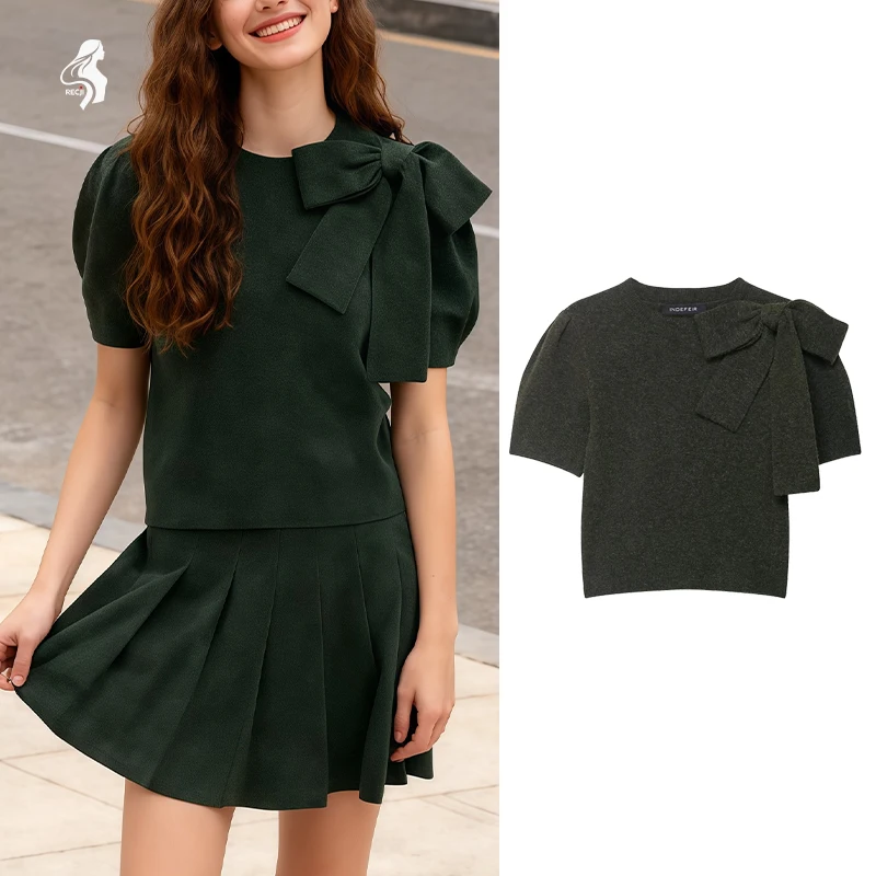 

Ladies Knitted Top With Bow Decoration Short Sleeves Round Neck Short Knitted Sweater Suitable For Autumn And Winter Casual Wear