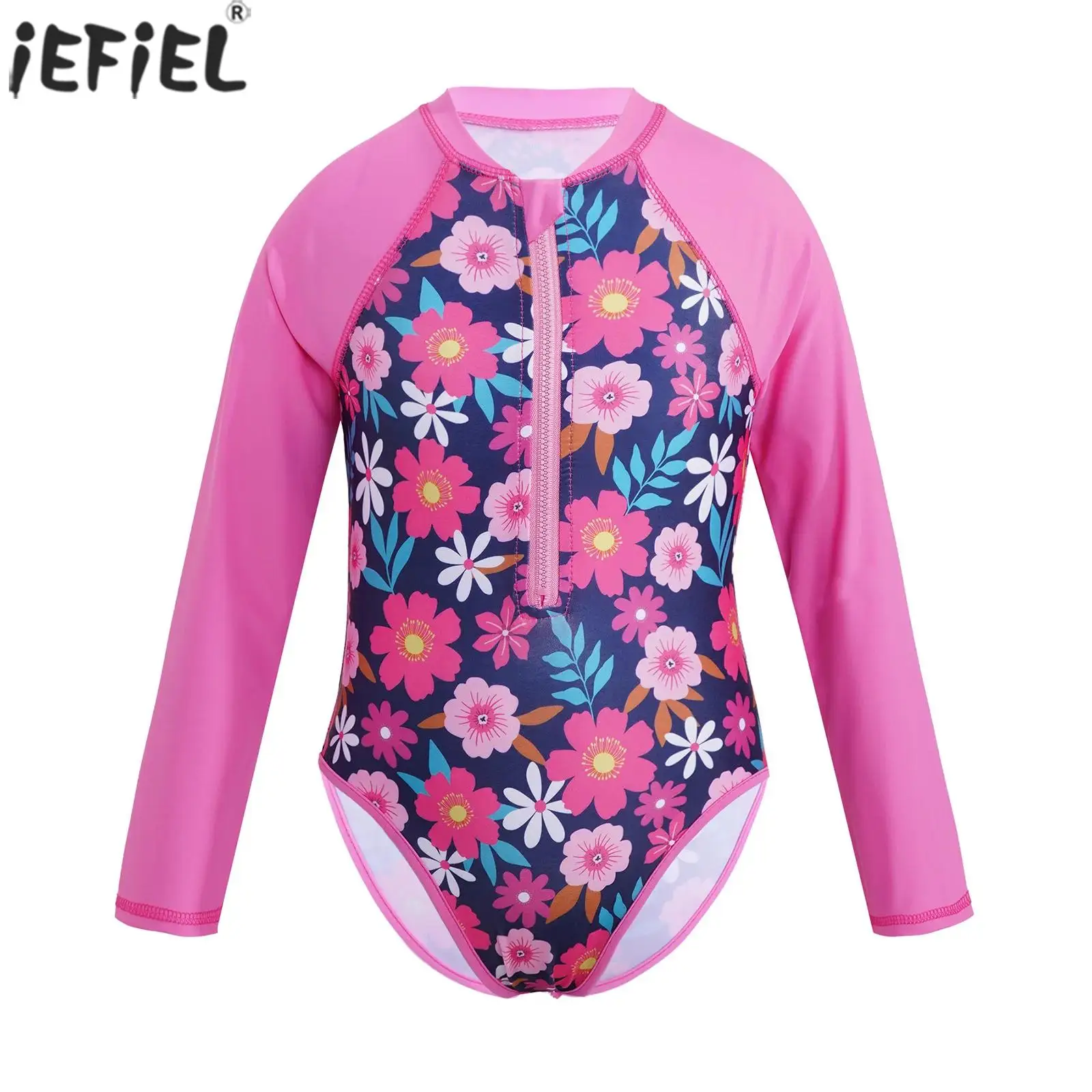 

Kids Girls One-piece Swimsuit Rash Guard Long Sleeves Palm Printed Zippered Swimwear Summer Beach Swimming Surfing Bathing Suit