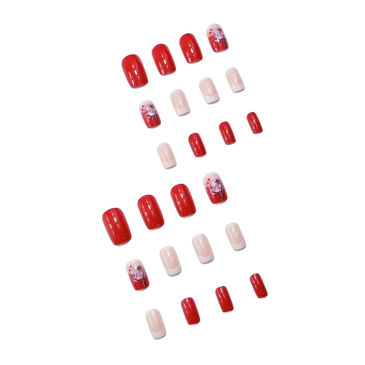 24 قطعة من شكل رأس مربع متوسط وطويل، زهور حمراء بسيطة، نمط جديد صغير، قطعة أظافر مزيفة لفن الأظافر وشريط فرك واحد