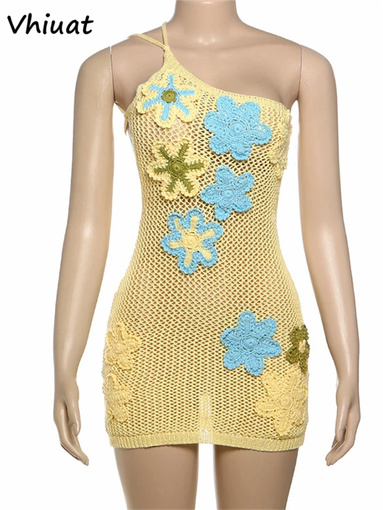 Vhiuat Abito da donna corto con ricamo senza schienale lavorato a maglia all'uncinetto con fiori colorati Abito da vacanza senza maniche con taglio sulla spiaggia