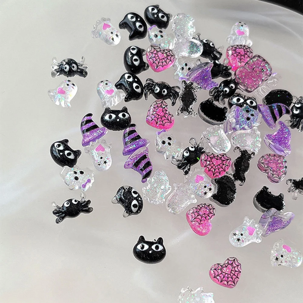 50pcs Mixed Mini Purple Black Halloween Nail Accessories Kawaii Black Cat/Heart Spider Web /Ghost/Devil Hat Nail Charms Crafts