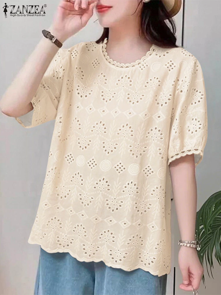 

Elegant Summer Hollow Out Blouses ZANZEA Women Stylish Holiday Shirt O Neck Short Sleeve Work Blusas Bohemain Beach Tops Tunic