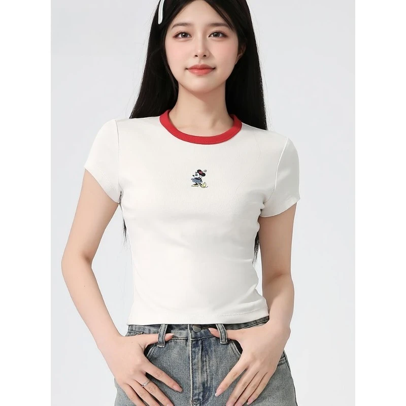 

2026 Summer Women's Cropped T-shirt, White Color Block Slim Fit, High Grade Slimming Short Sleeve Fashion Casual Daily Wea