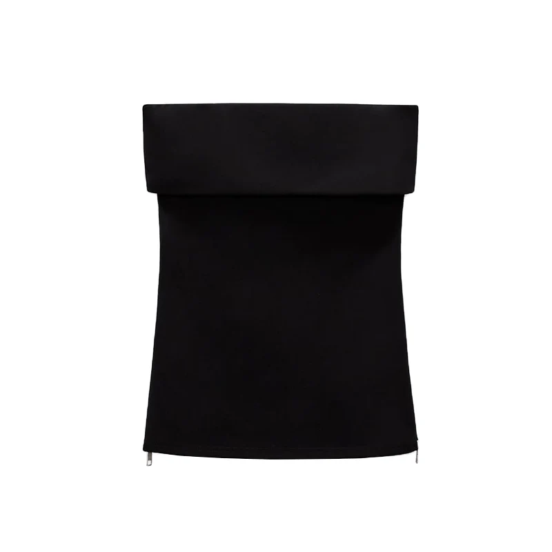 Printemps été nouveau Sle oulder Bared col droit tricoté tissu fermeture éclair haut Gluechiffon Svel régulier couleur Pure