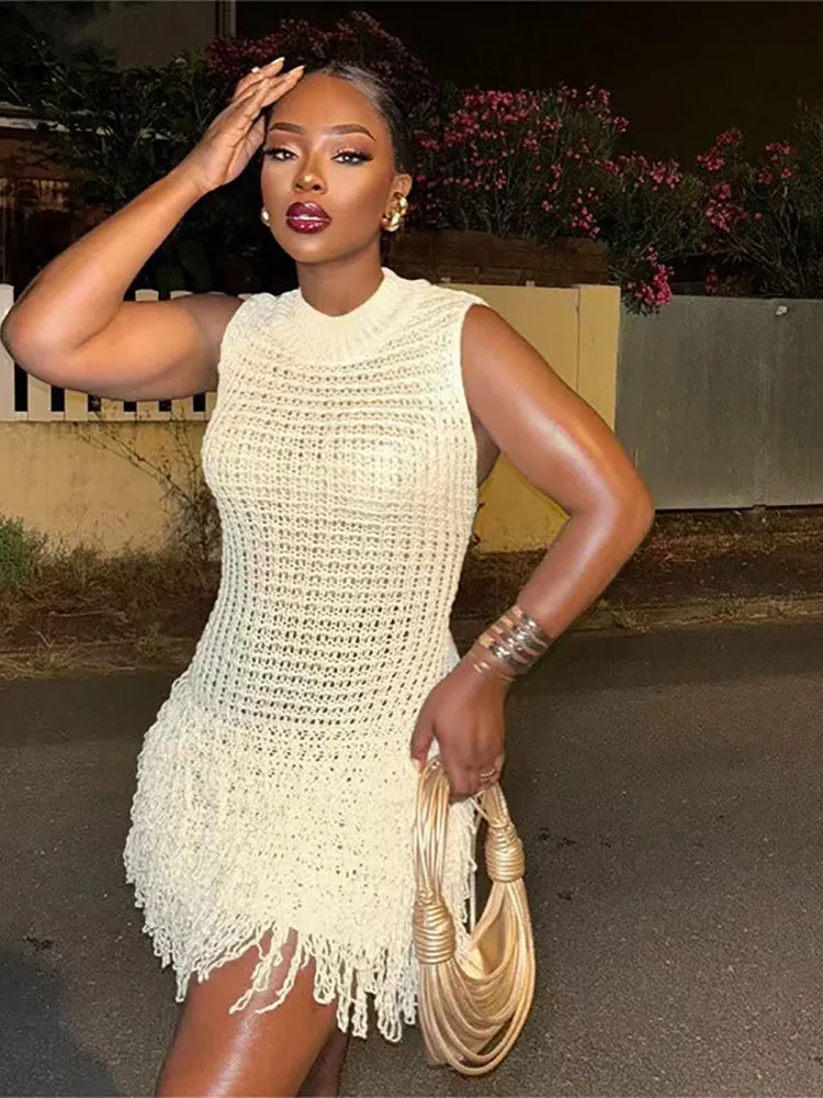 Women Apricot Tassel Knitted Mini Dress Fashion Casual Hollow Out  Sleeveless Short Dresses Summer Beach Seaside Vestidos Female