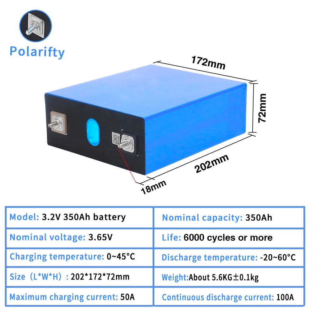 New 8pcs 3.2V 350Ah LiFePO4 Lithium Iron Phosphate Battery Can be Combined into 12V 24V 36V 48V 350Ah Rechargeable Battery Pack