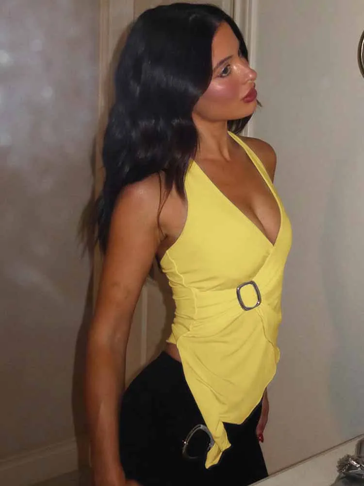 BKQU Halter Sexy Diepe V-hals Crop Vest Vrouwen Onregelmatige Y2k Ruches Slim Fit Backless Tank Tops 2025, Zomer Elegante Dame Streetwear