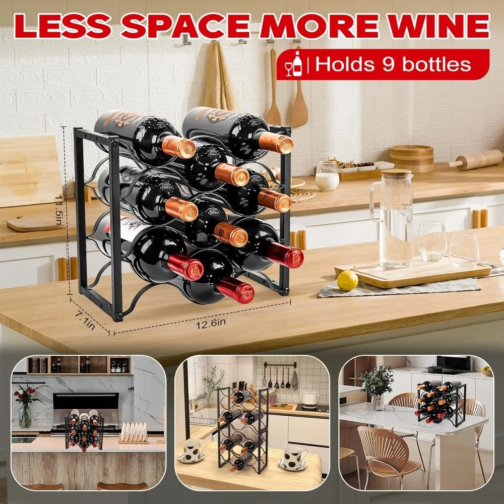 Modern 3-Tier Black Metal Wine Rack, Holds 18 Bottles, Space-Saving for Countertop or Cabinet Use