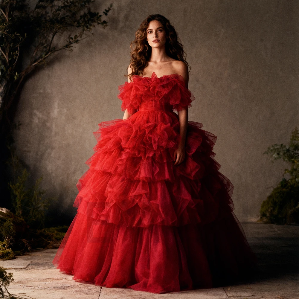 

A Line Tulle Colored Wedding Dresses and Evening Dress for Photo Shoot with Fluffy Ruffles Elegant Gown Bridal Shower YW250031