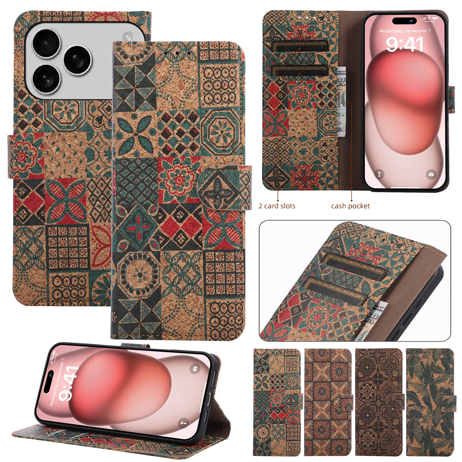 Funda de teléfono de cuero con tapa magnética para iPhone 17 16 15 14 Plus 13 12 Pro Max Air, funda con patrón clásico Retro de lujo