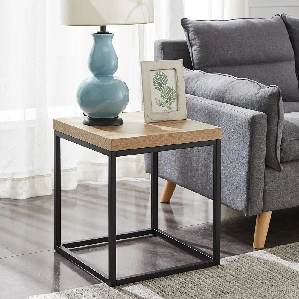 

18-Inch Natural Oak End Table | Side Table | Coffee Table for Living Room, Modern Industrial, Square, Metal and Wood (Natural W