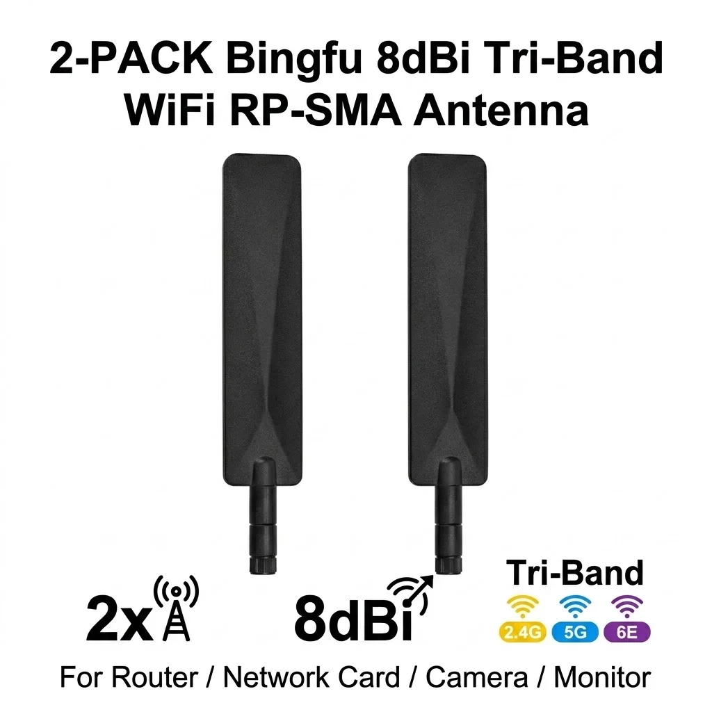 Bingfu 2pcs Tri-band WiFi 2.4GHz 5GHz 6E 8dBi MIMO RP-SMA Antenna for WiFi Router Wireless Network Card USB Adapter Security IP