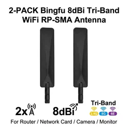 Bingfu 2pcs Tri-band WiFi 2.4GHz 5GHz 6E 8dBi MIMO RP-SMA Antenna for WiFi Router Wireless Network Card USB Adapter Security IP