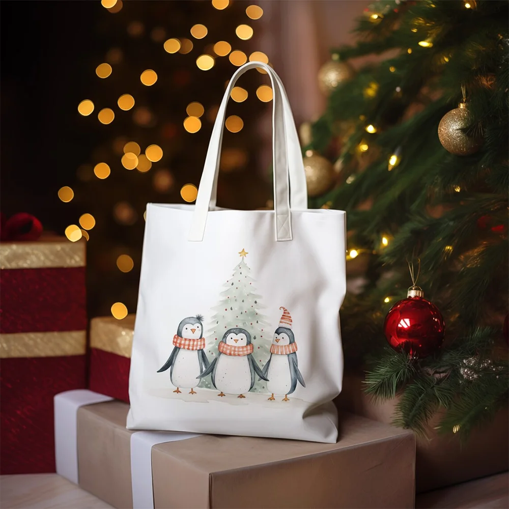 Three Penguins Christmas Tote Bag Reusable Festive Shopper Shopping Holiday Gift for party supplies favor accessories decoration