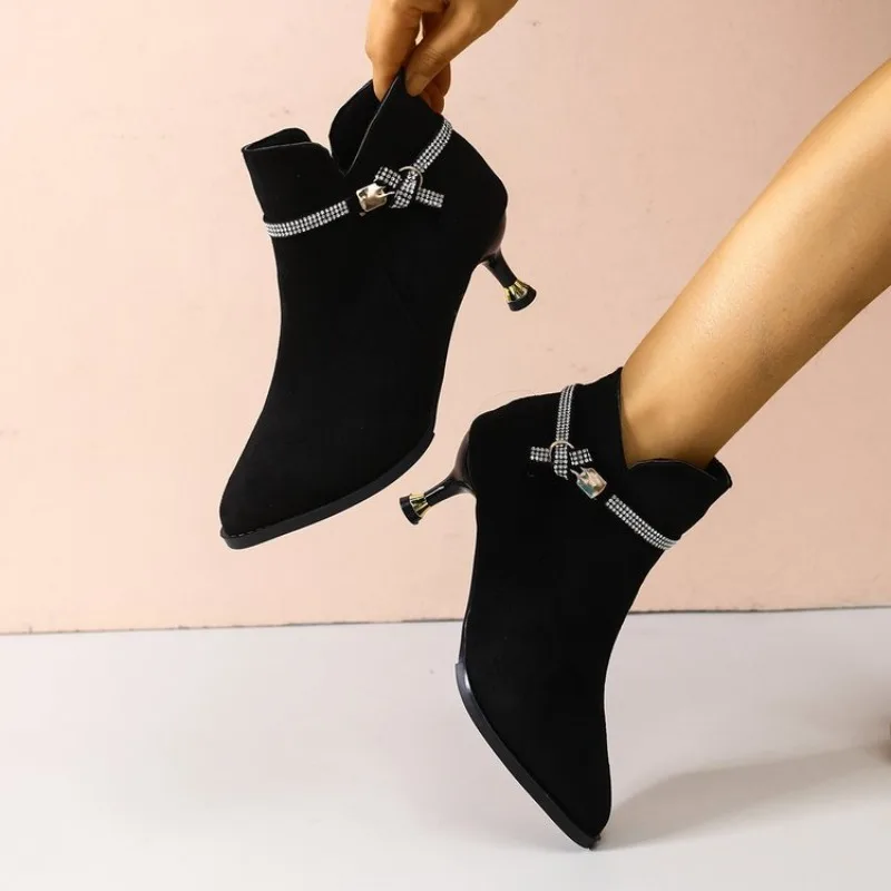 Damen High Heels Schuhe Elegante Wildleder Spitzpumps Stilettos Elegante Kurze Stiefel Mode Luxus Kristall für Frauen Herbst – Detail 8