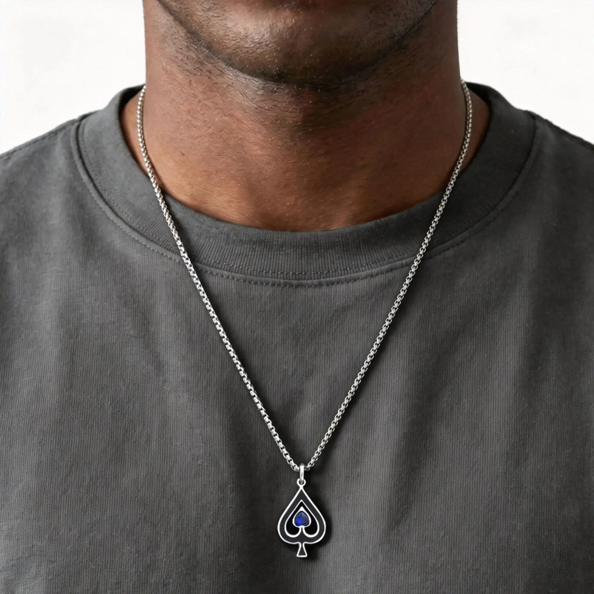 Ace of Spades Necklace for Men,Blue Stone Stainless Steel Spade A Pendant Necklace,Hip Hop Punk Rocker Jewelry Gift