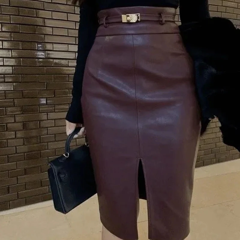 Koreanische Sexy Bodycon Schlank Rock Frauen Hohe Taille Gürtel Schlitz Midi Rock Pendler Elegante Solide Klassische Einfache Büro Dame Rock