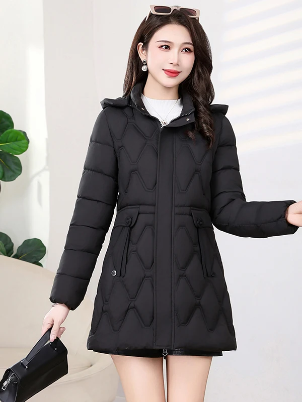 

Trendy 2025 New Women's down Cotton Jaet Mid-Length Removable Hat Slim Fit Korean Sle Warm Thiened Long Sve Zipper