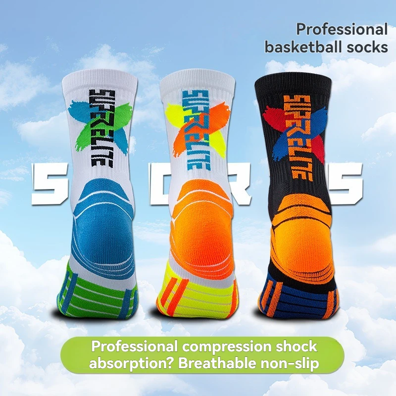 Basketballsocken, verdickte Handtuchsocolen, verschleißfeste und atmungsaktive High-Top-Sportsocken, Outdoor-Druck-Laufsocken