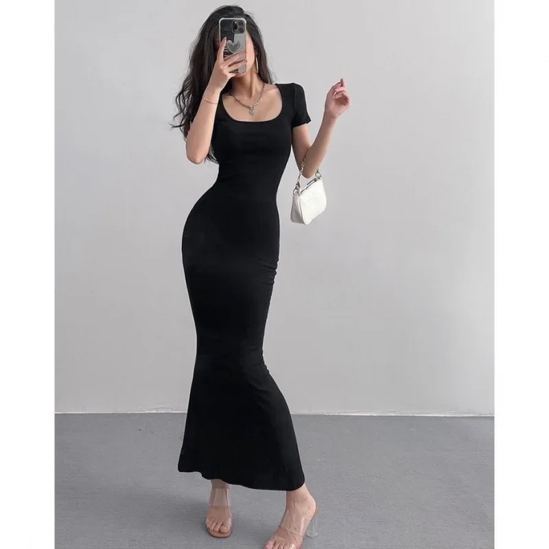 

Summer Solid Color Slim Long Dress Women Short Sleeve Bodycon Maxi Dresses Woman Square Collar Party Vestidos Mujer 원피스 Платье