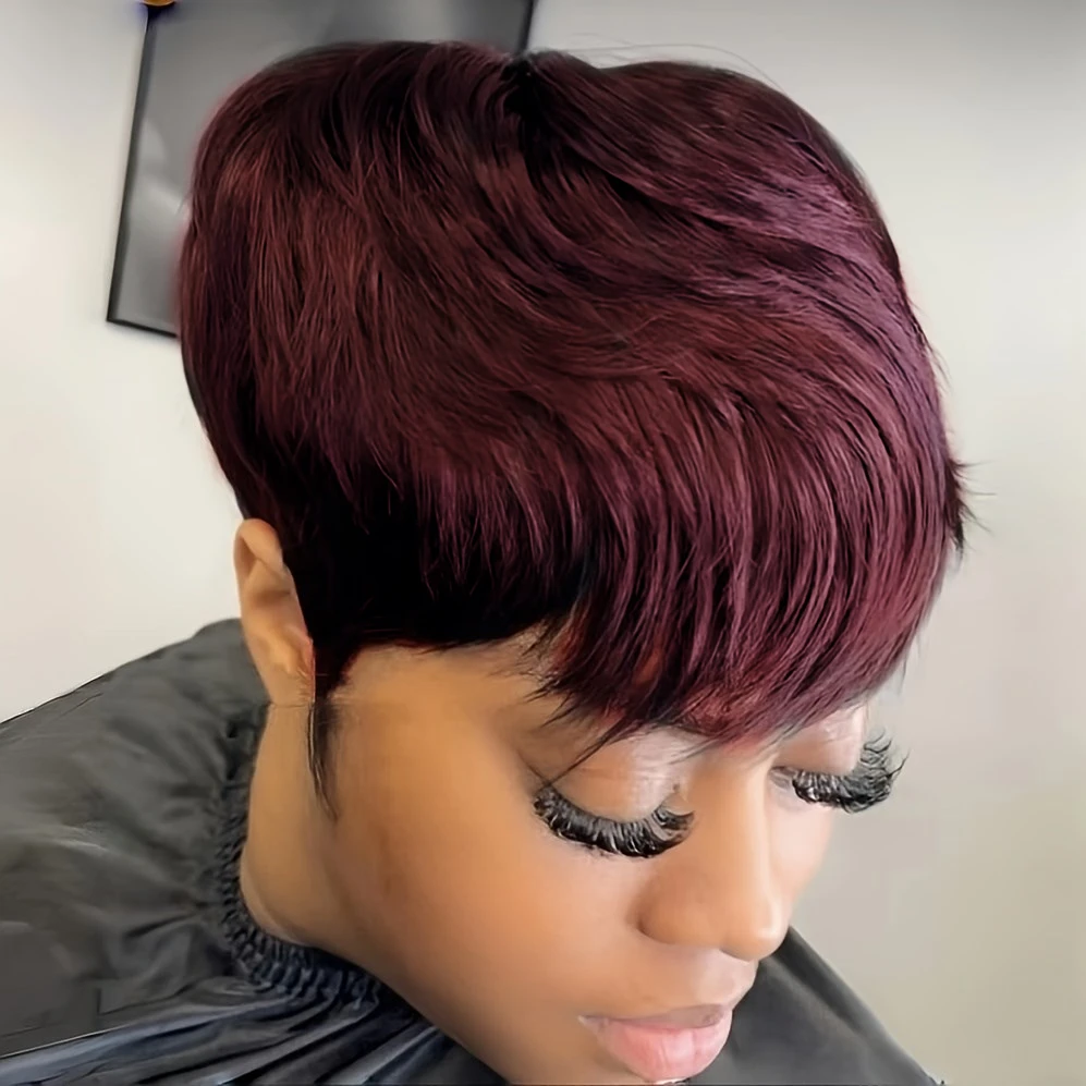 machine made pixie human hair wig for women straight short pixie remy wig 6inch 4/99J/natural black color 150% density image 2