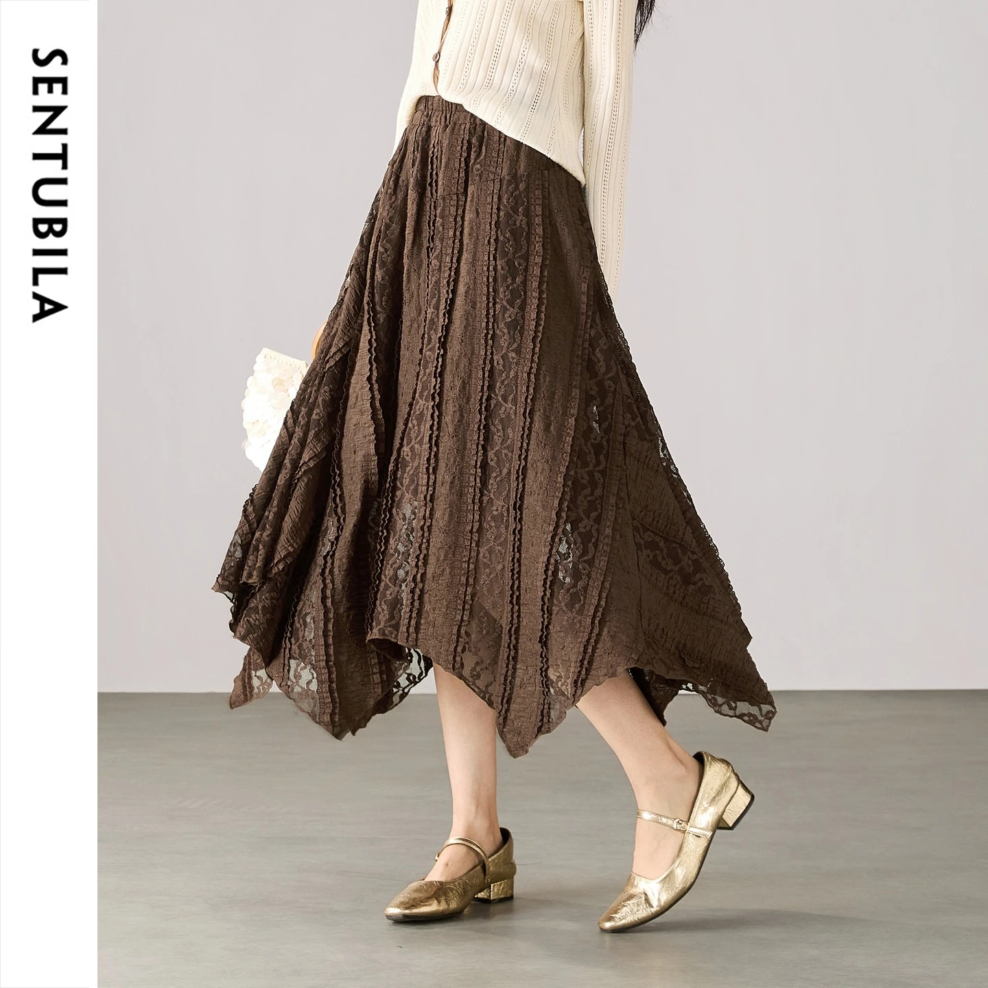 SENTUBILA Women's Autumn Skirt A-line Irregular Hem Spliced Lace Pleated Maxi Skirt 2026 Elegant Retro Ladies Clothes W63QB8337