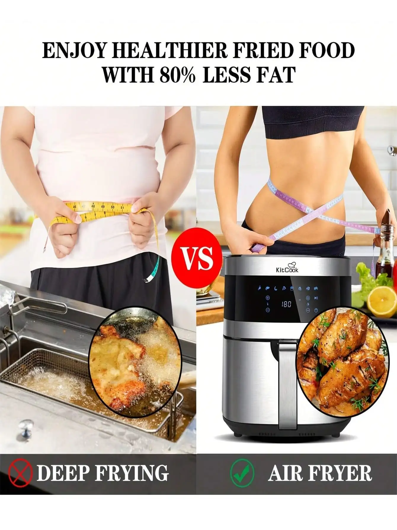 KitCook Large 6.8 QT Air Fryer,1500W Oven,8 Presets LED Touch Digital Screen, Shake Reminder, Nonstick Basket, Stainless Steel Electric Hot Oilless Cooker(Recipes Book/Skewers Included),Silver
