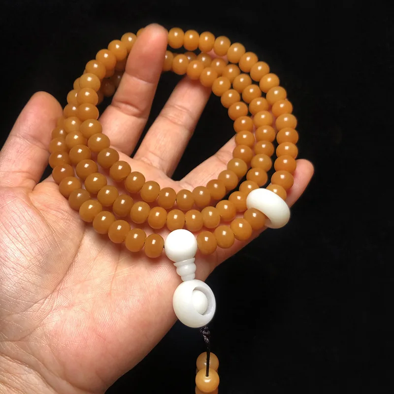 with Loop, Bodhi Root Apple Bead 108 Pendant Necklace, Weathered Yellow