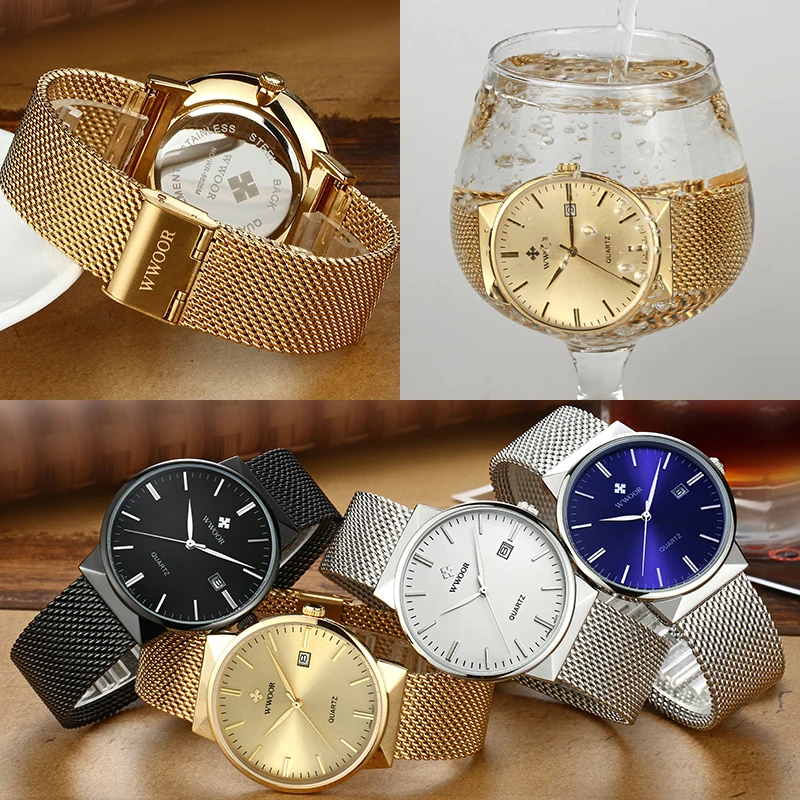 Luxury Gold Men Watch WWOOR Fashion Watch For Men Waterproof Slim Stainless Steel Mesh Mens Quartz Wrist Watch Relogio Masculino