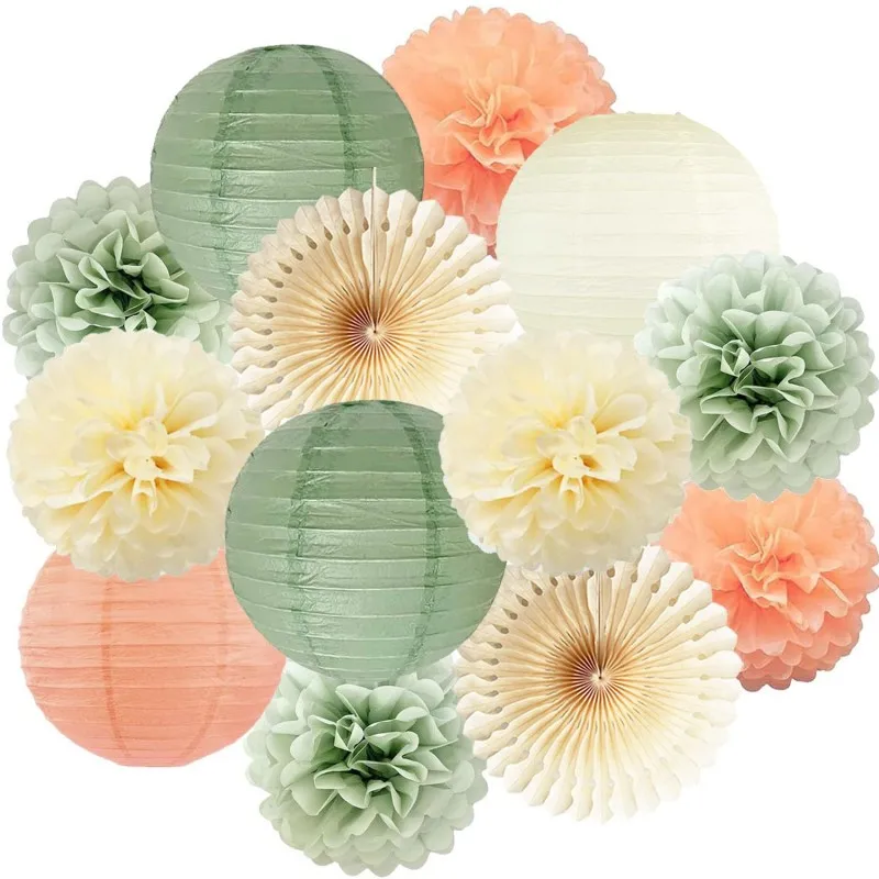 Baby Boy Girl 1st Birthday Party Favor Peach Pink Set Round Paper Ball Lantern Folding Baptism Wedding Decor Sage Green Pompom