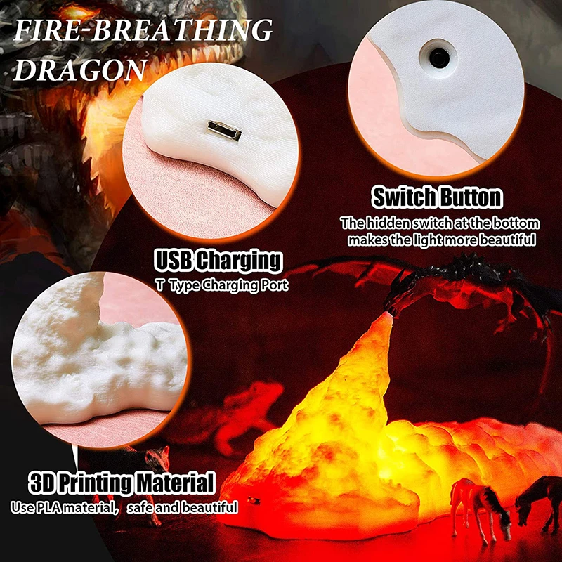 3D Printed Volcano Dragon Lamps Night Light Moon Light Kids Sleep Accompany USB Rechargeable For  Children Home Decorations