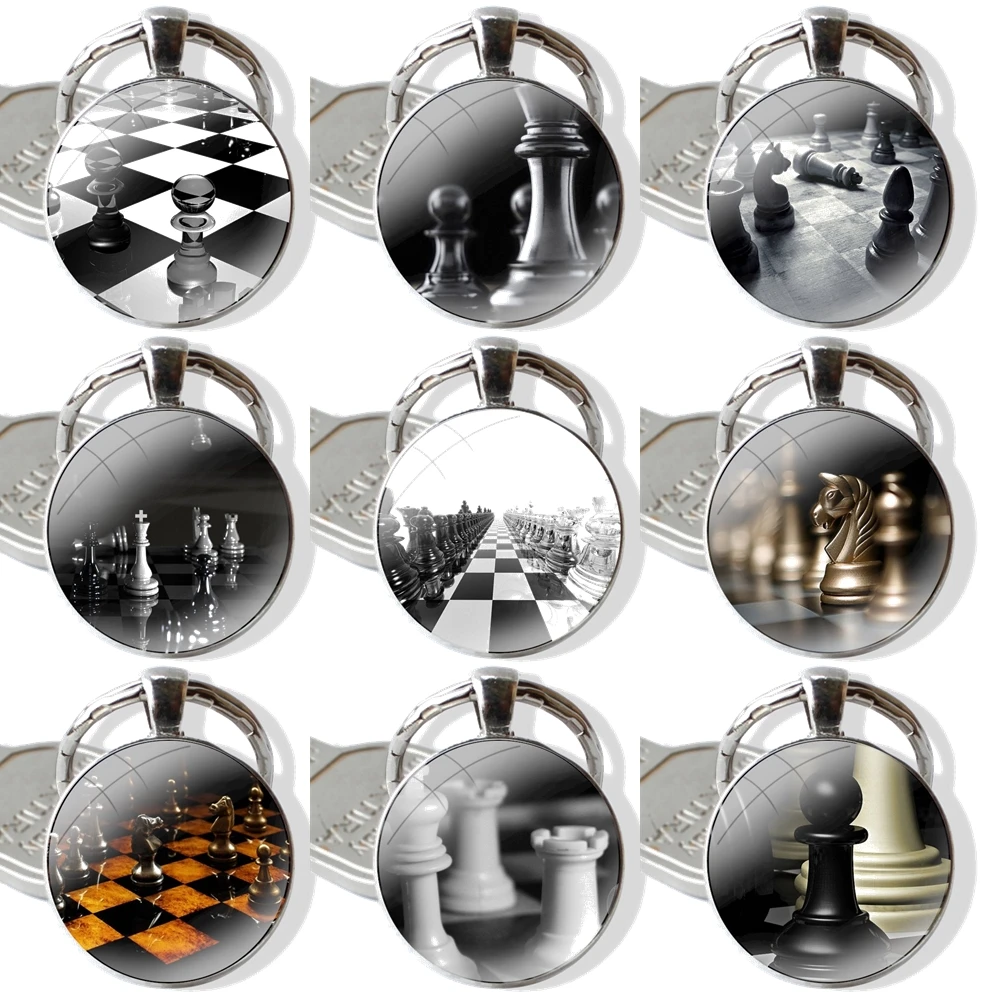 black and white chess Keychain Handmade Glass Cabochon Key Ring Holder Pendant Key Chains