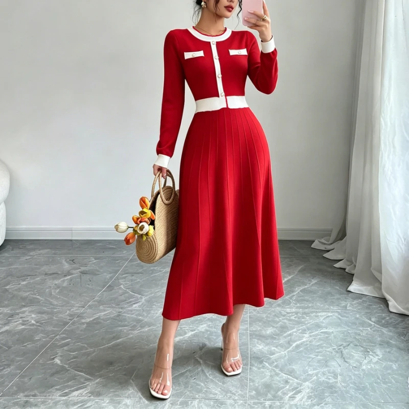 Women Contrast Trim Knit Maxi Sweater Dress Elastic Long Sleeve  A‑Line Flared Long Dress Slim Waist Ladies Office Party Outfit