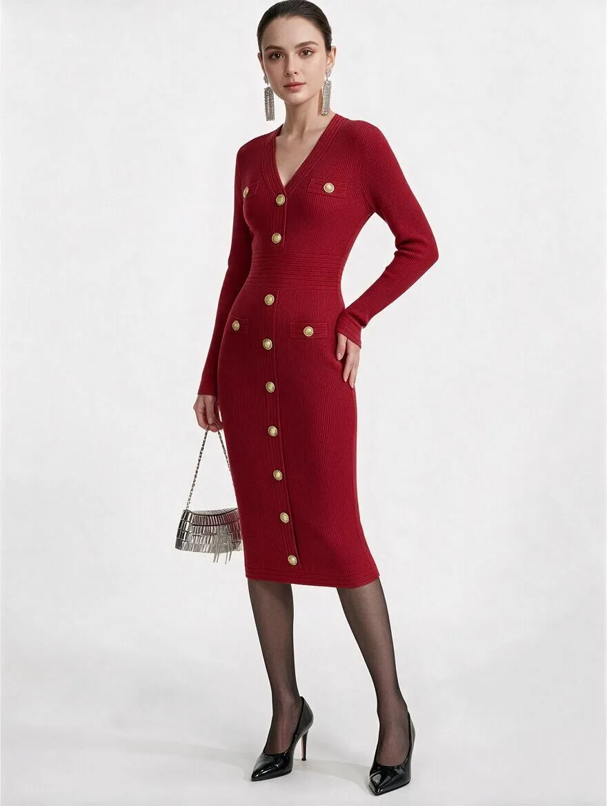 New Arrivals Midi Knitted Dresses for Women 2026 Autumn Fashion Long Sleeves VNeck Basics Slim Fit Sheath Bodycon Dress Red