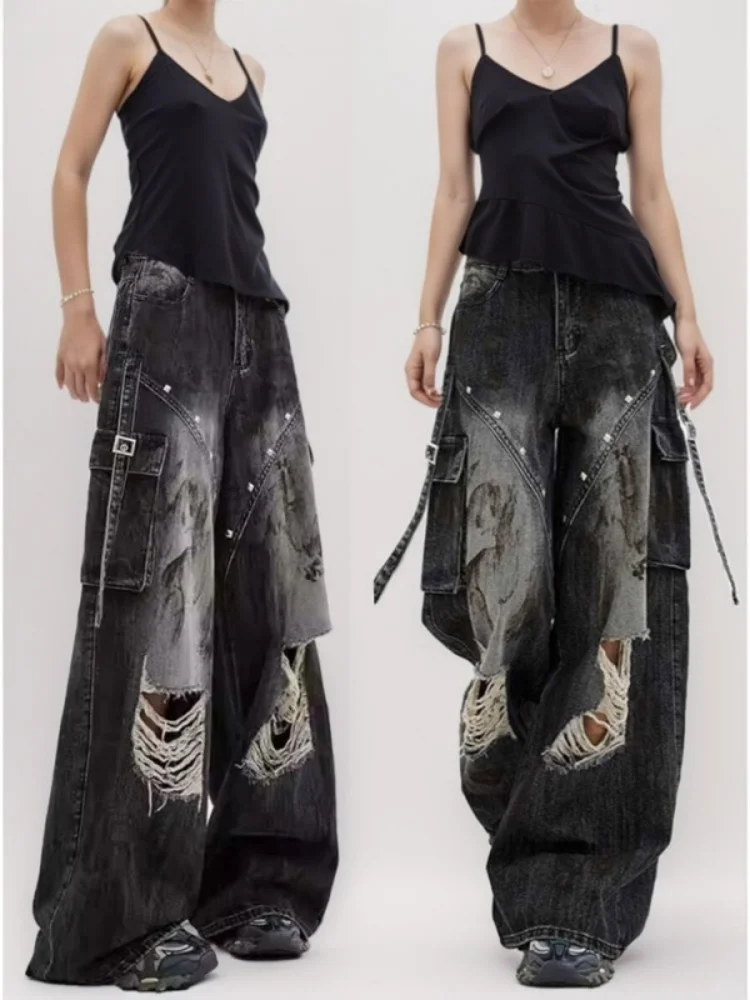 

2026 New Spring Autumn Women's American Style Cargo Ripped Jeans Subcultural Y2K Slim Wide Leg Pants Plus Size For Curvy Ladies